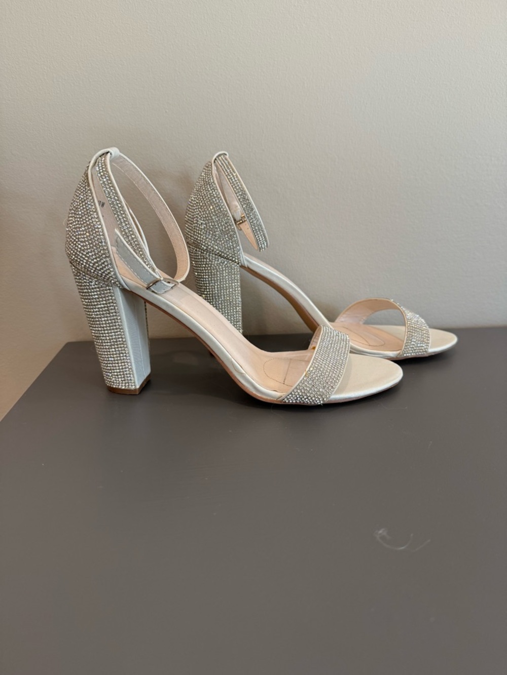 Women's Silver Crystal Block Heel Sandals with Ankle Strap